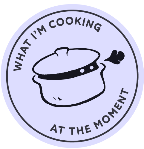 A casserole with a little spirit hidden inside, whistling. Text reads 'What I'm cooking at the moment'.