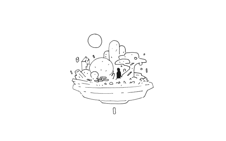 A floating garden with a person roaming within